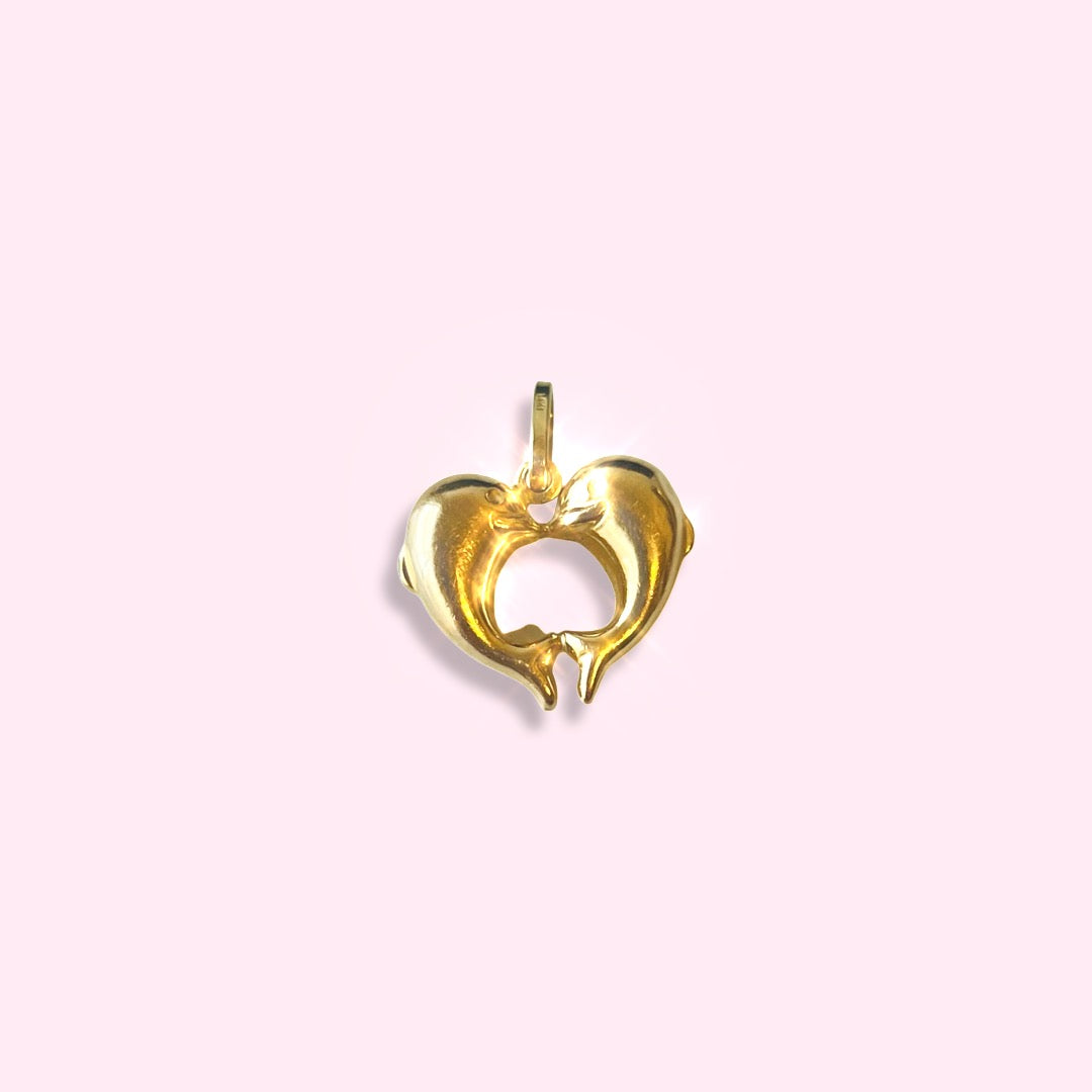 14K Yellow Gold Puffy Kissing Dolphins Pendant Charm