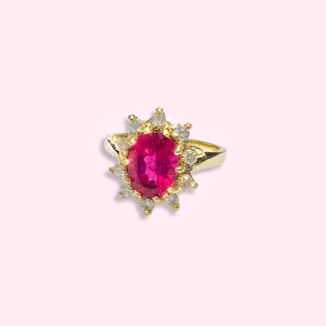 14K Yellow Gold Pink Tourmaline and Diamond Halo Ring Size 6