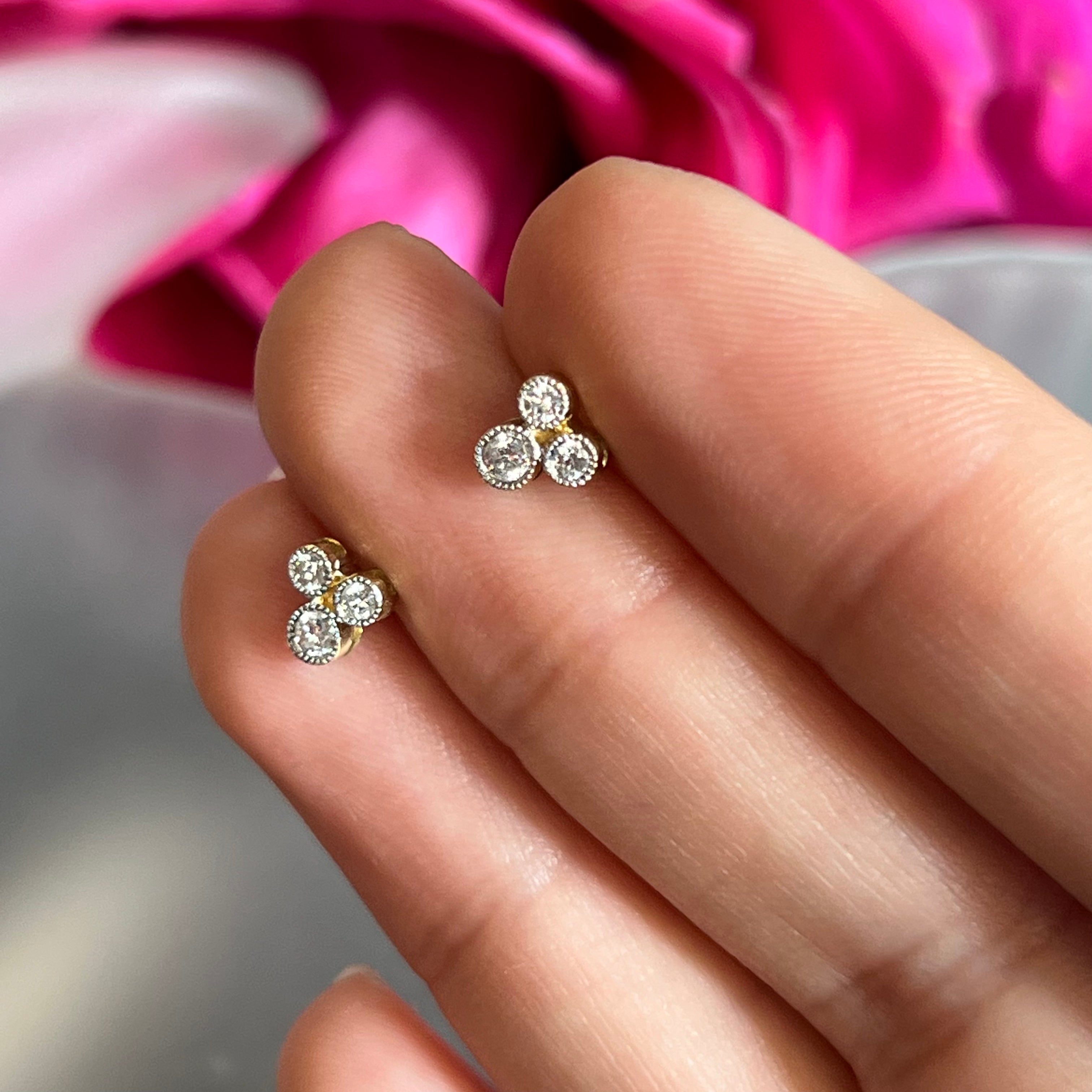 18k Yellow Gold 3 Stone Diamond Gold Earring Studs