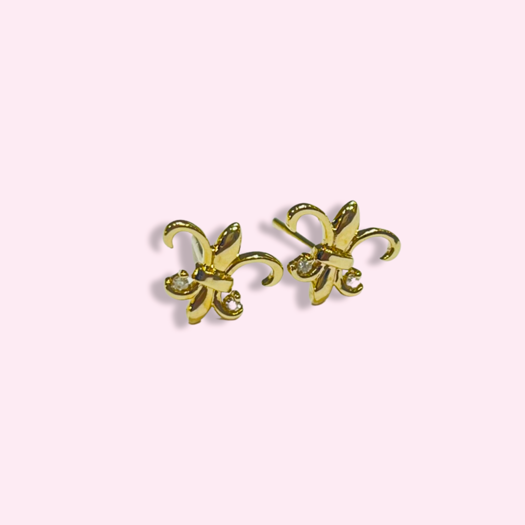 Beautiful Fleur de Lis Diamond Stud Earrings 14K Yellow Gold