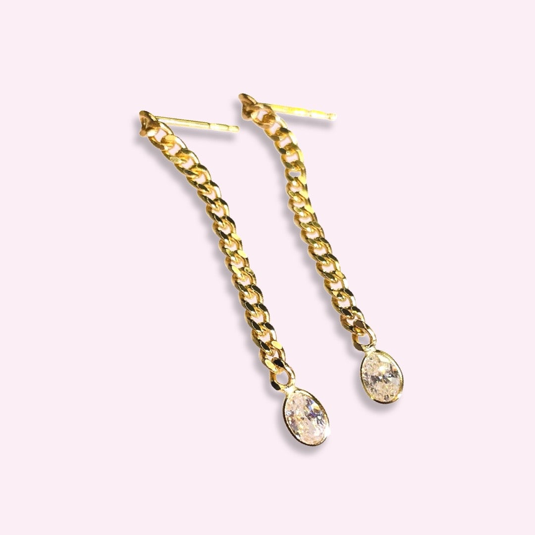 Natural Oval Diamond Long Cuban Link Chain 14K Yellow Gold Drop Earrings