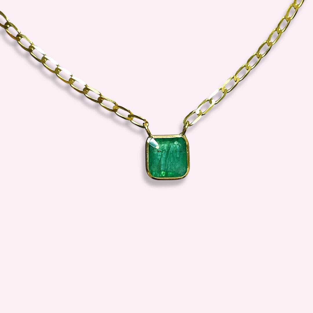 Solitaire Emerald 14K Yellow Gold Curb Chain Necklace