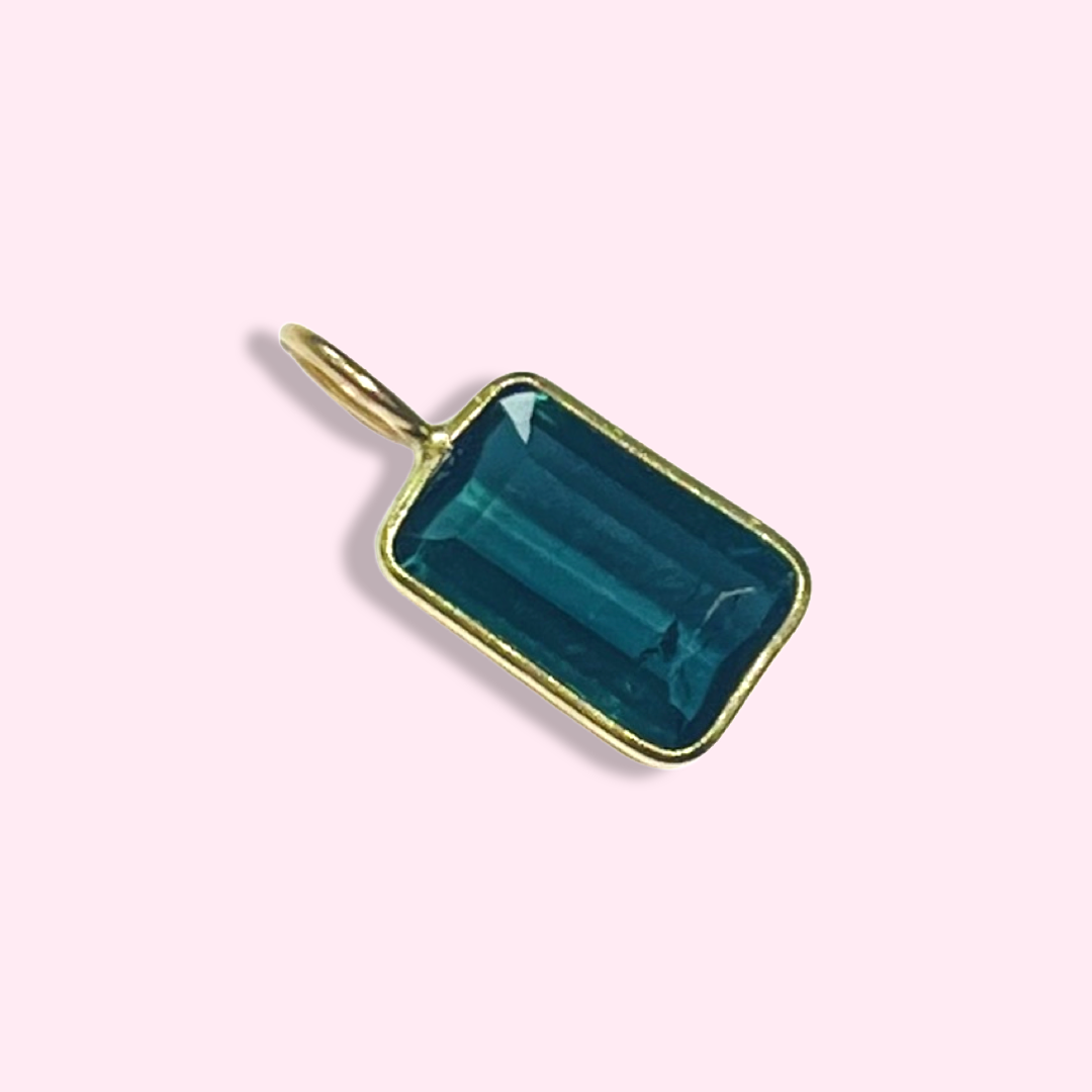 Natural Aqua Rectangular Tourmaline 14K Yellow Gold Pendant Charm 13x6mm