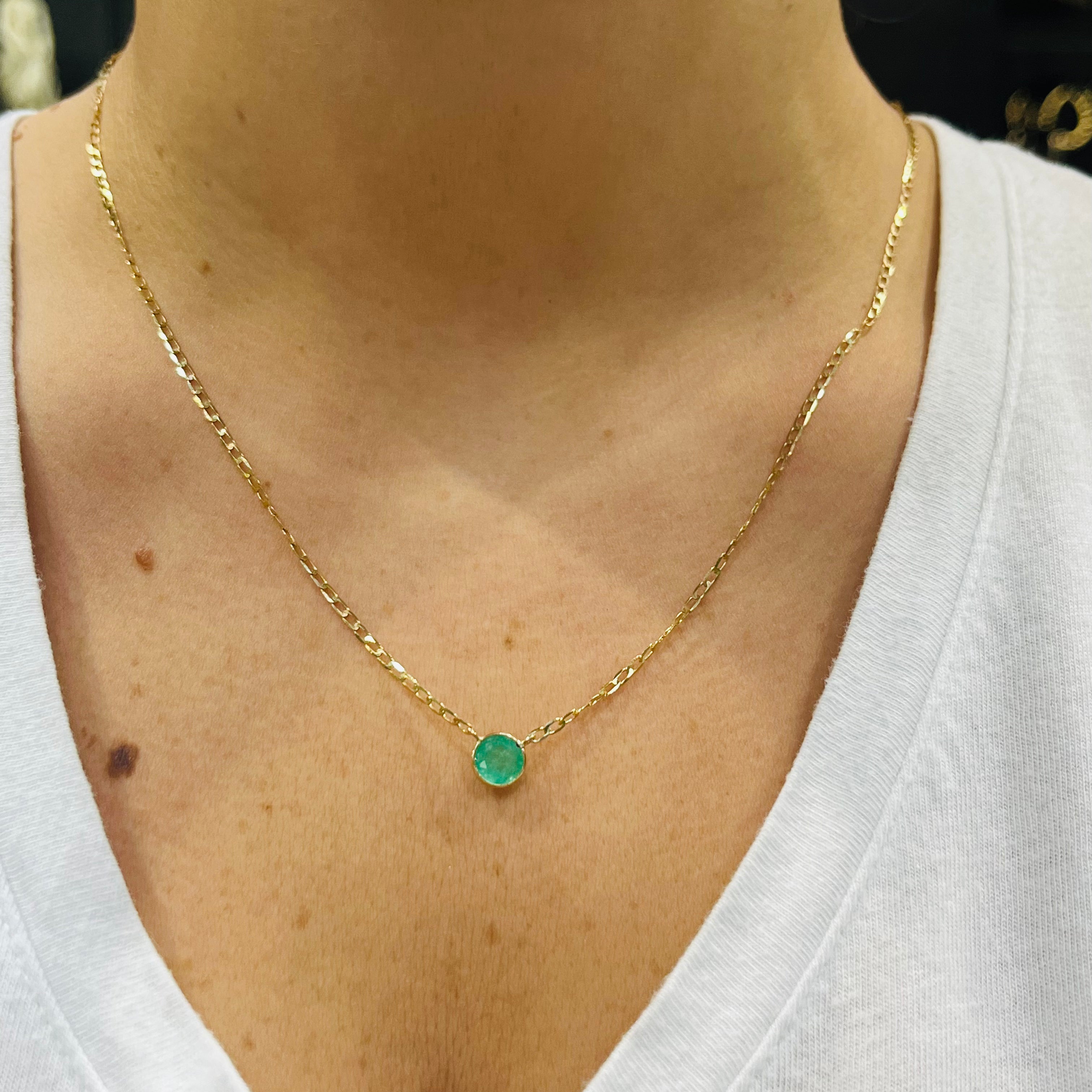 14K Yellow Gold Solitaire Round Natural Emerald Necklace, 18"