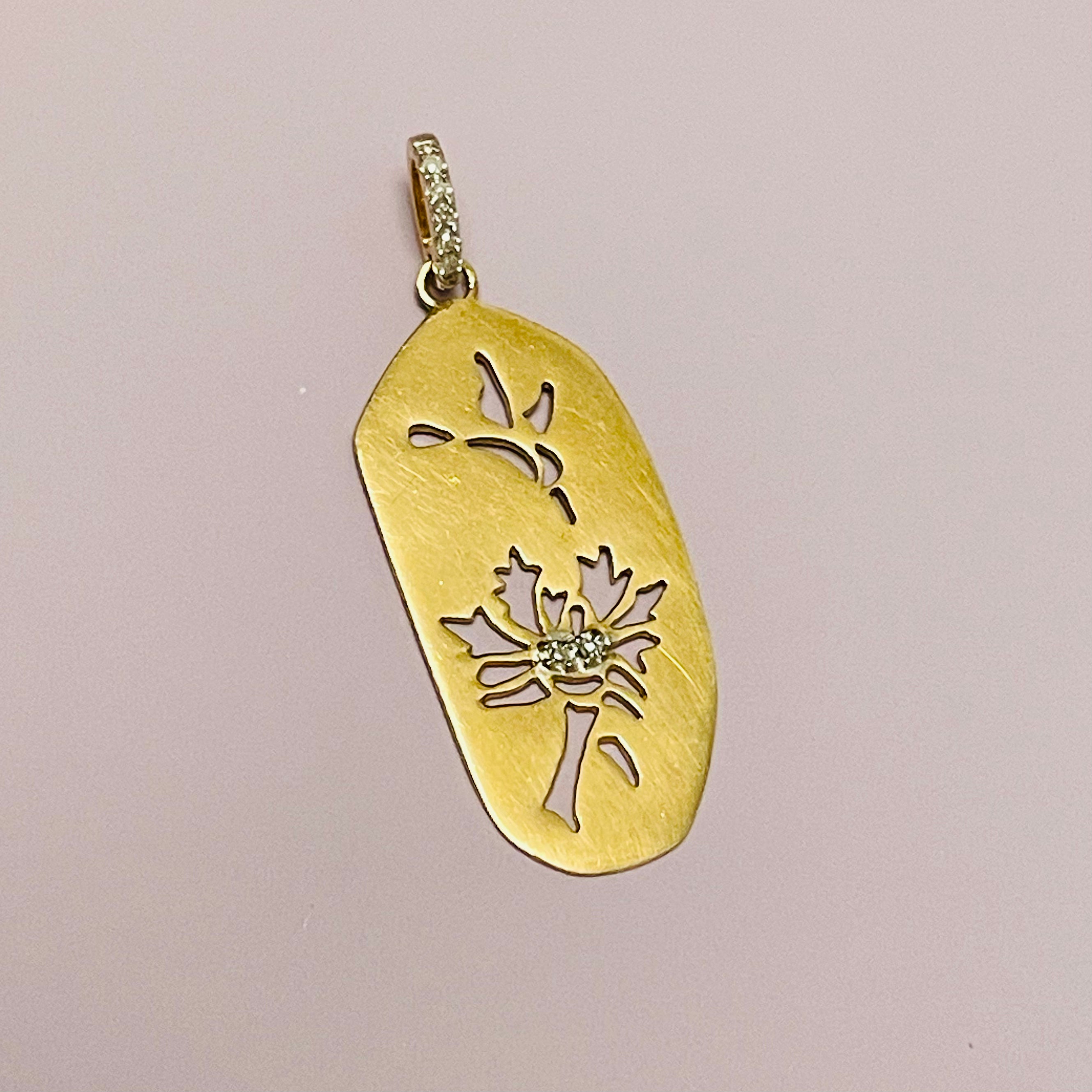 14K Yellow Gold Humming Bird and Flower Silhouette Diamond Pendant