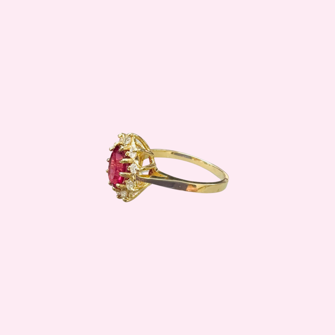 14K Yellow Gold Pink Tourmaline and Diamond Halo Ring Size 6