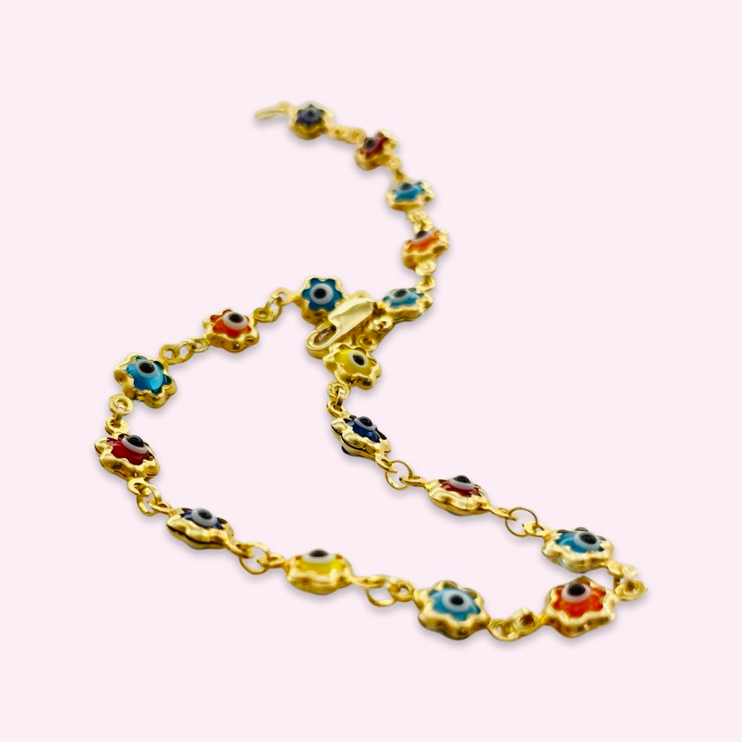 14K Yellow Gold Multi Color Evil Eye Flower Chain Bracelet