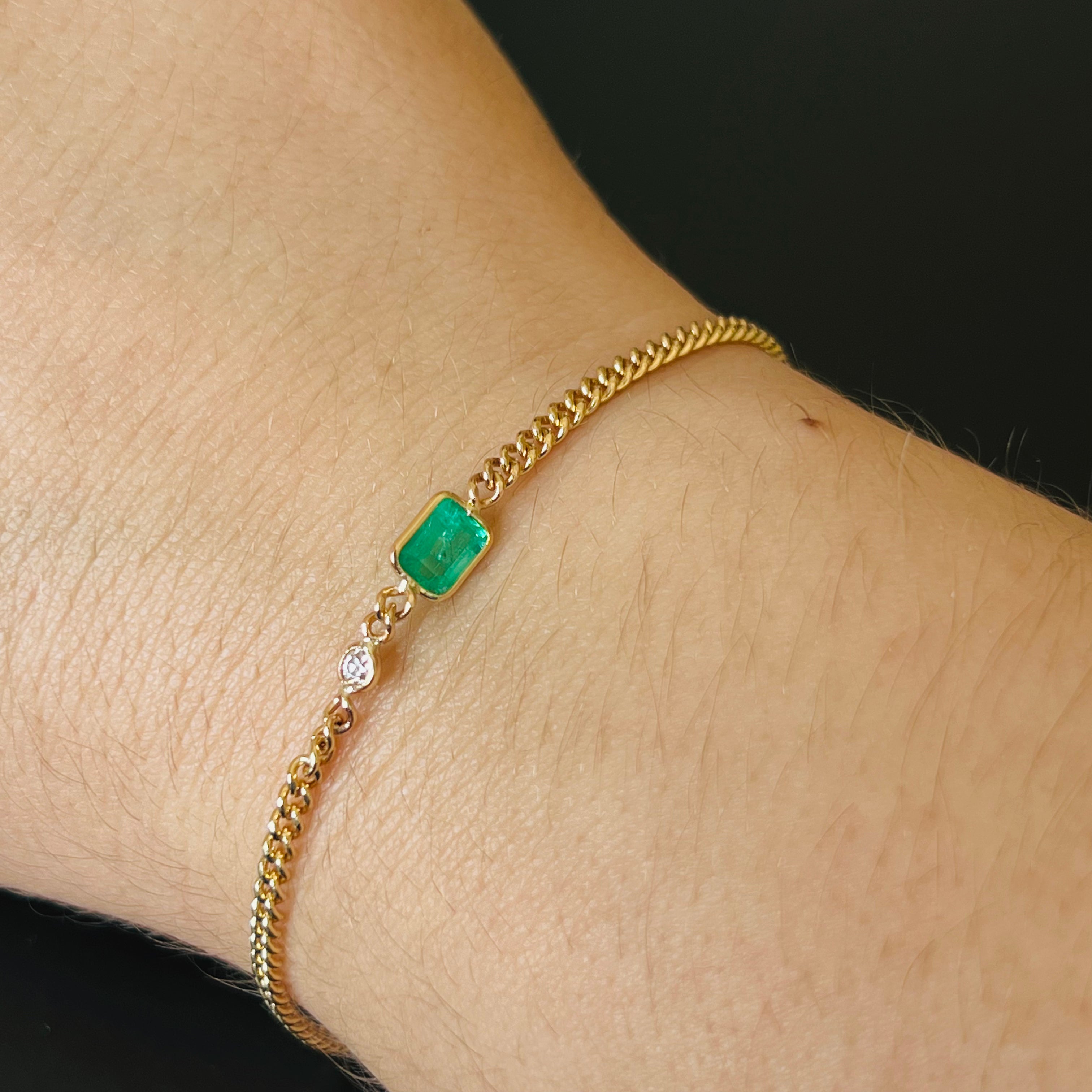 14K Emerald And Diamond Bracelet in Solid Yellow Gold 6"