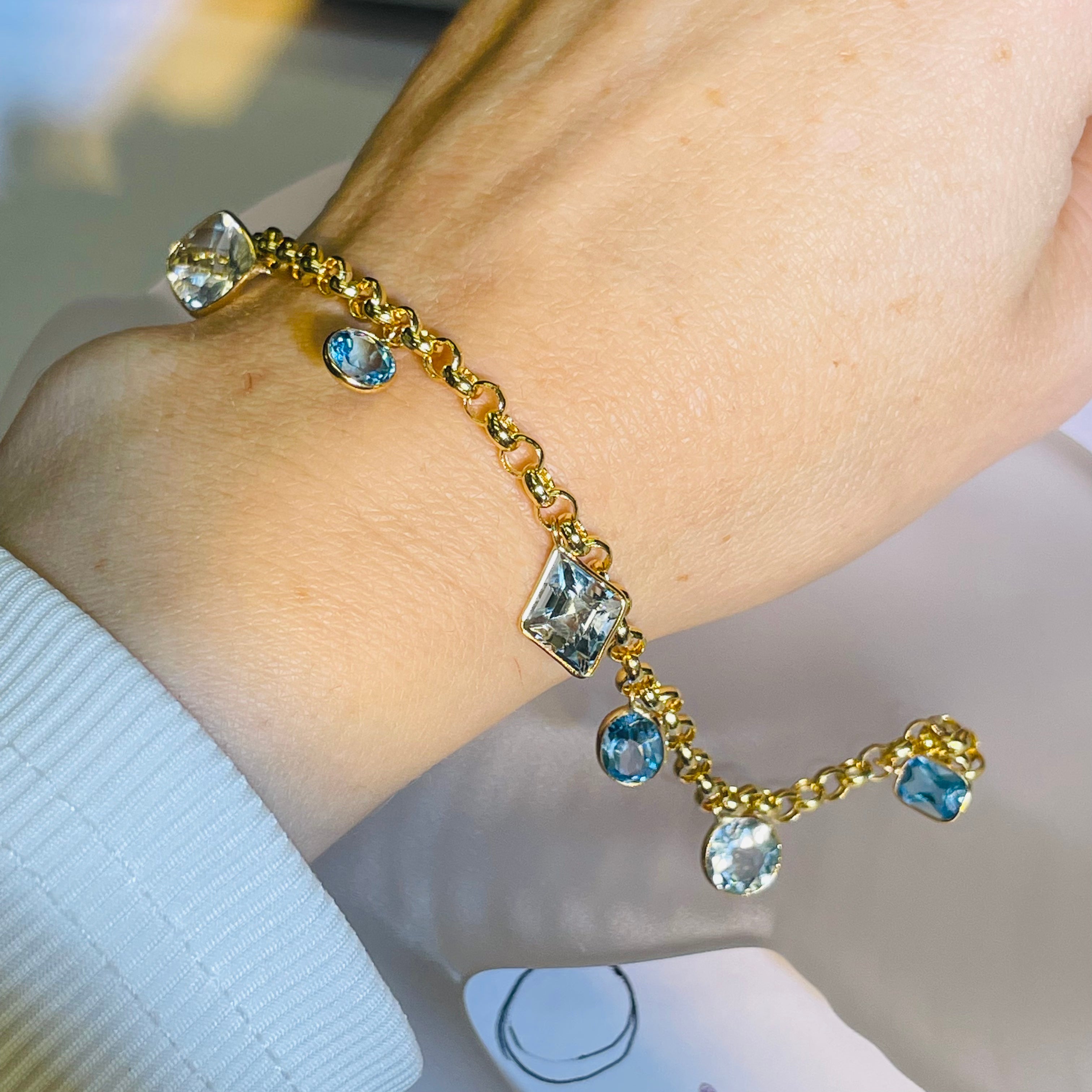 Natural Blue Topaz Dangling 14K Yellow Gold Charm Bracelet