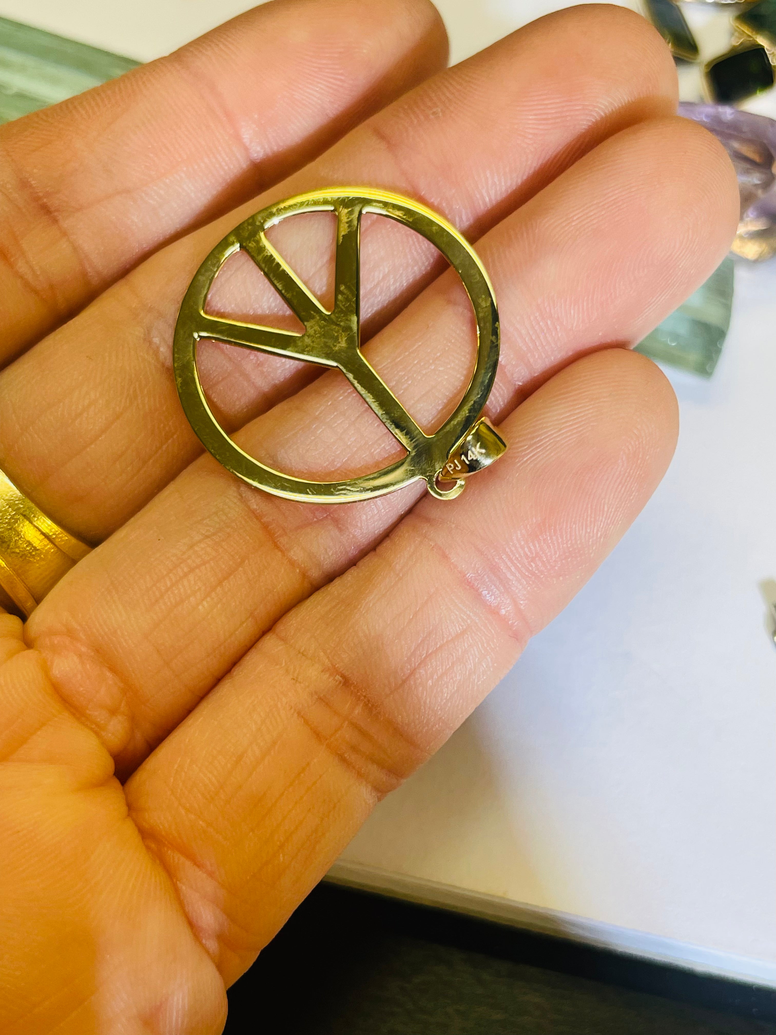 14K Yellow Gold Peace Sign Pendant 1.25x1”