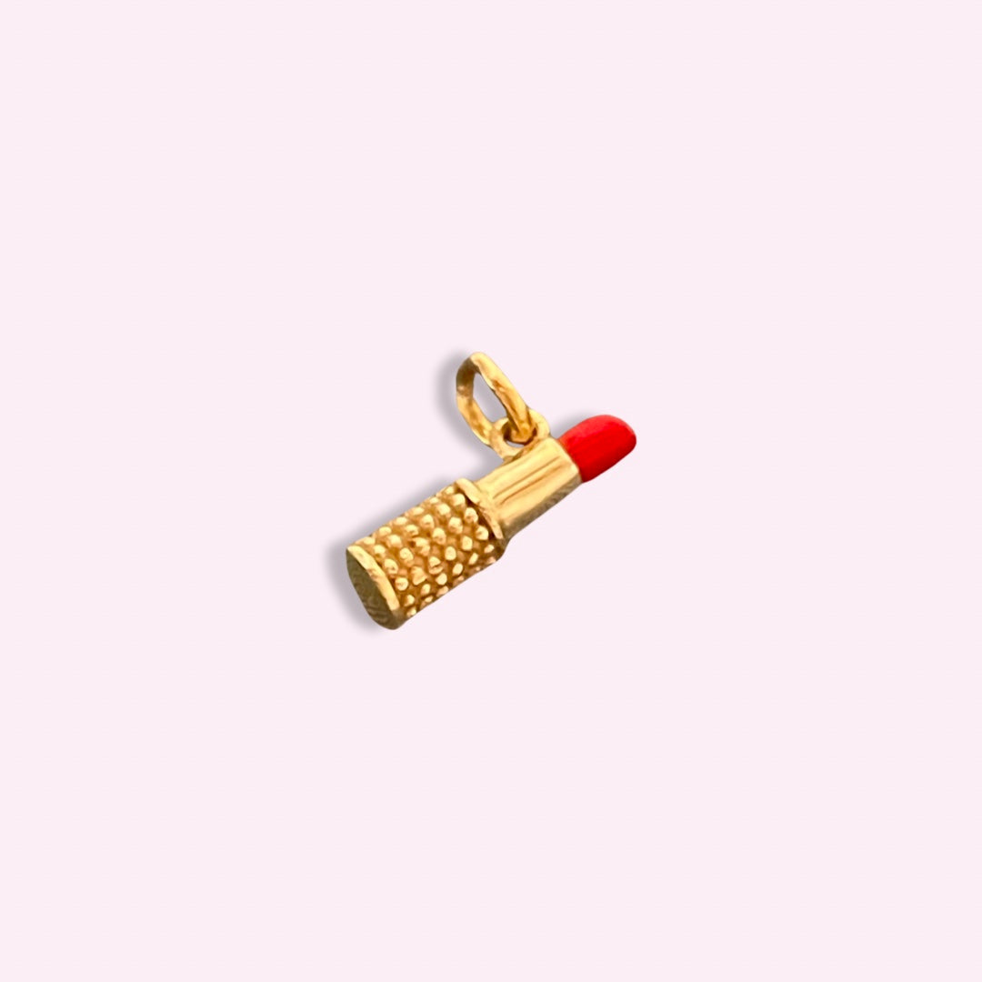 Mini Solid 14K Yellow Gold Red Enamel Lipstick Charm Pendant