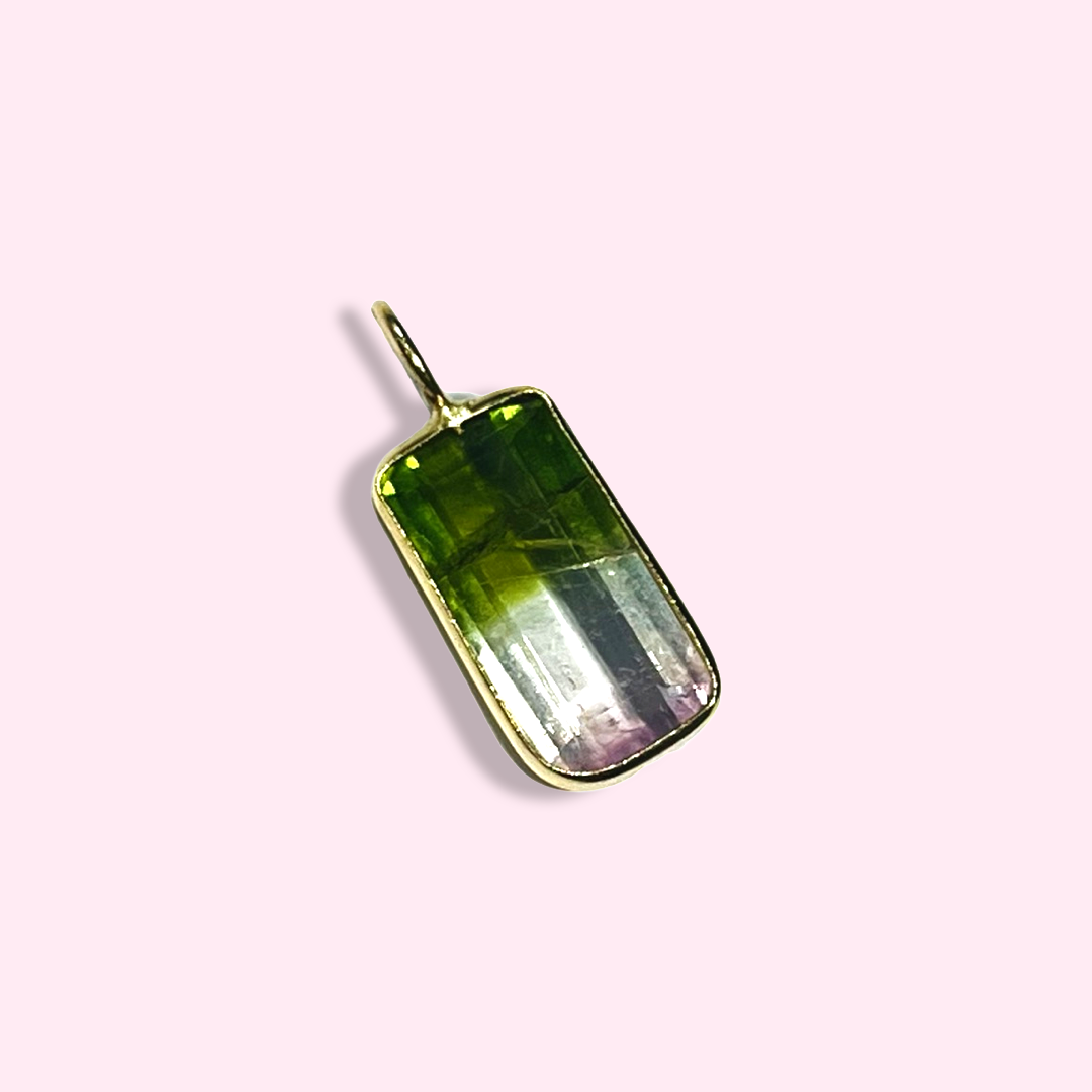 Emerald Cut Watermelon Tourmaline 14K Yellow Gold Pendant Charm 17x7m