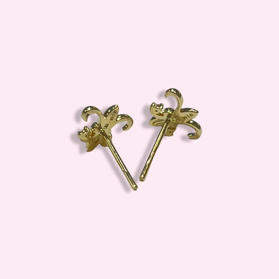 Beautiful Fleur de Lis Diamond Stud Earrings 14K Yellow Gold