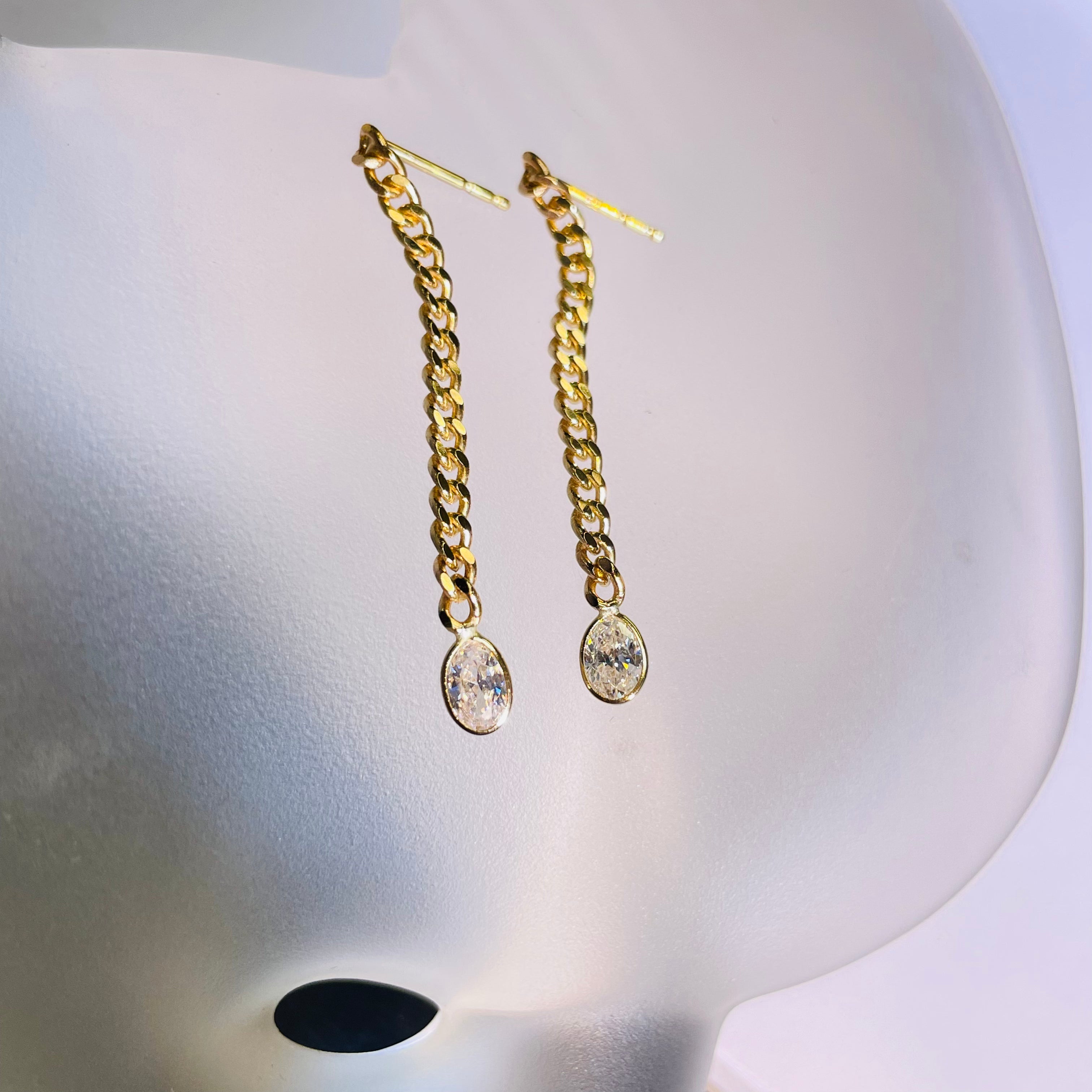 Natural Oval Diamond Long Cuban Link Chain 14K Yellow Gold Drop Earrings