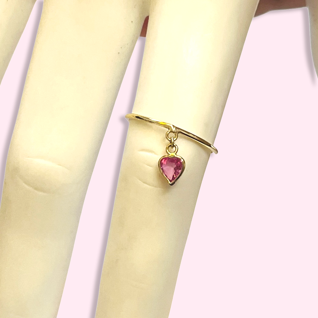 Dangling Pink Tourmaline Heart 14K Yellow Gold Band Ring