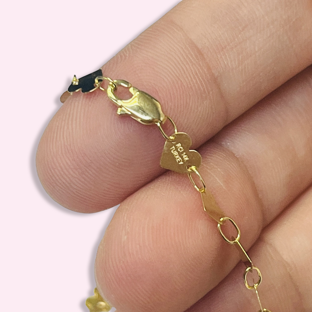 14K Yellow Gold Mirror Finish Heart Station Bracelet Necklace Anklet