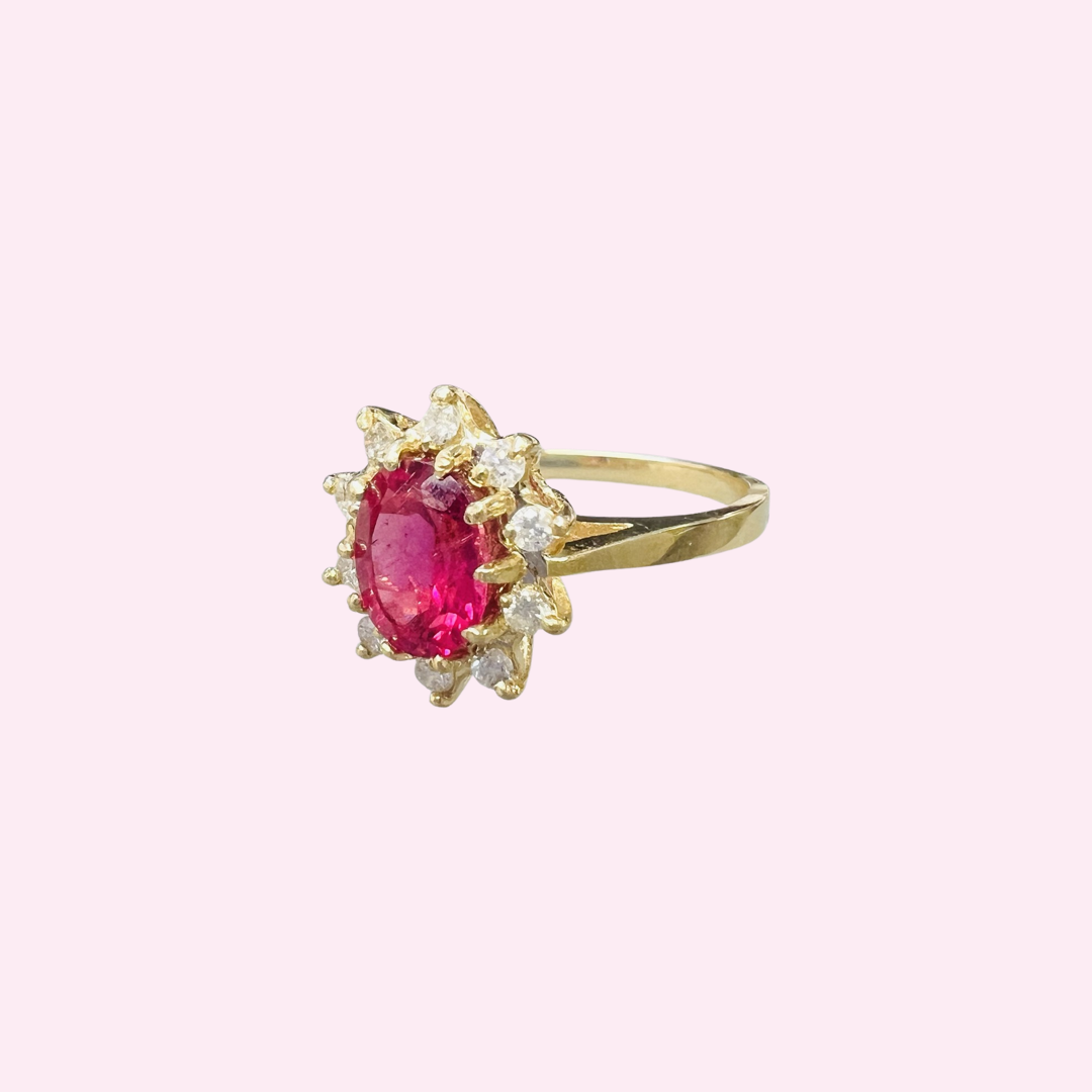 14K Yellow Gold Pink Tourmaline and Diamond Halo Ring Size 6