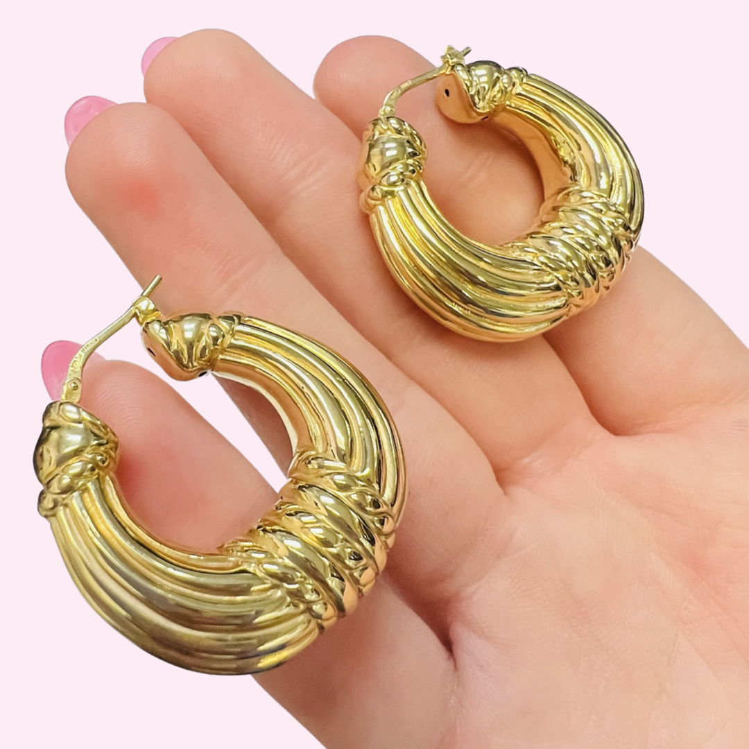 1.5" Beautiful Textured 10K Yellow Gold Hoop Earrings