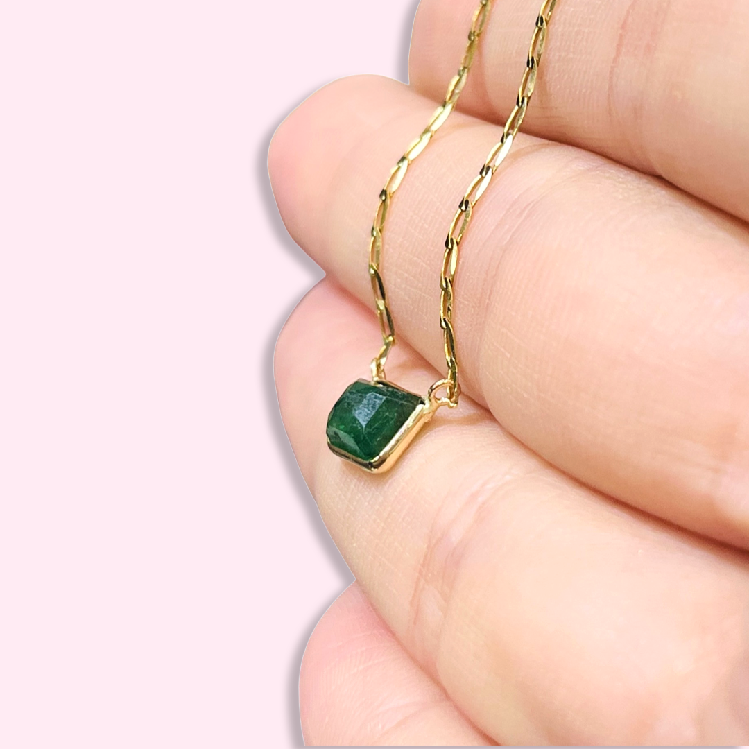 14K Yellow Gold Solitaire Natural Rectangular Emerald Necklace, 16"