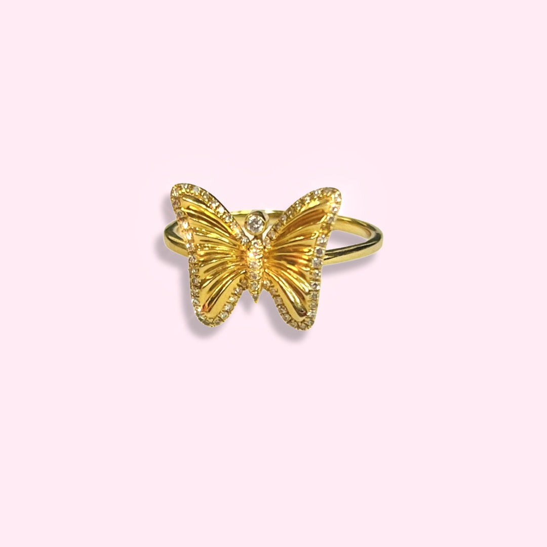 14K Yellow Gold and Diamond Pave Butterfly Ring, Size 8