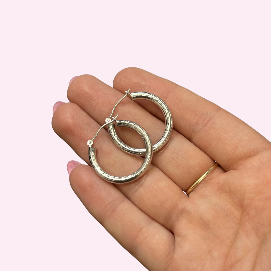 14K 1" 3mm White Gold  Hoop Earrings