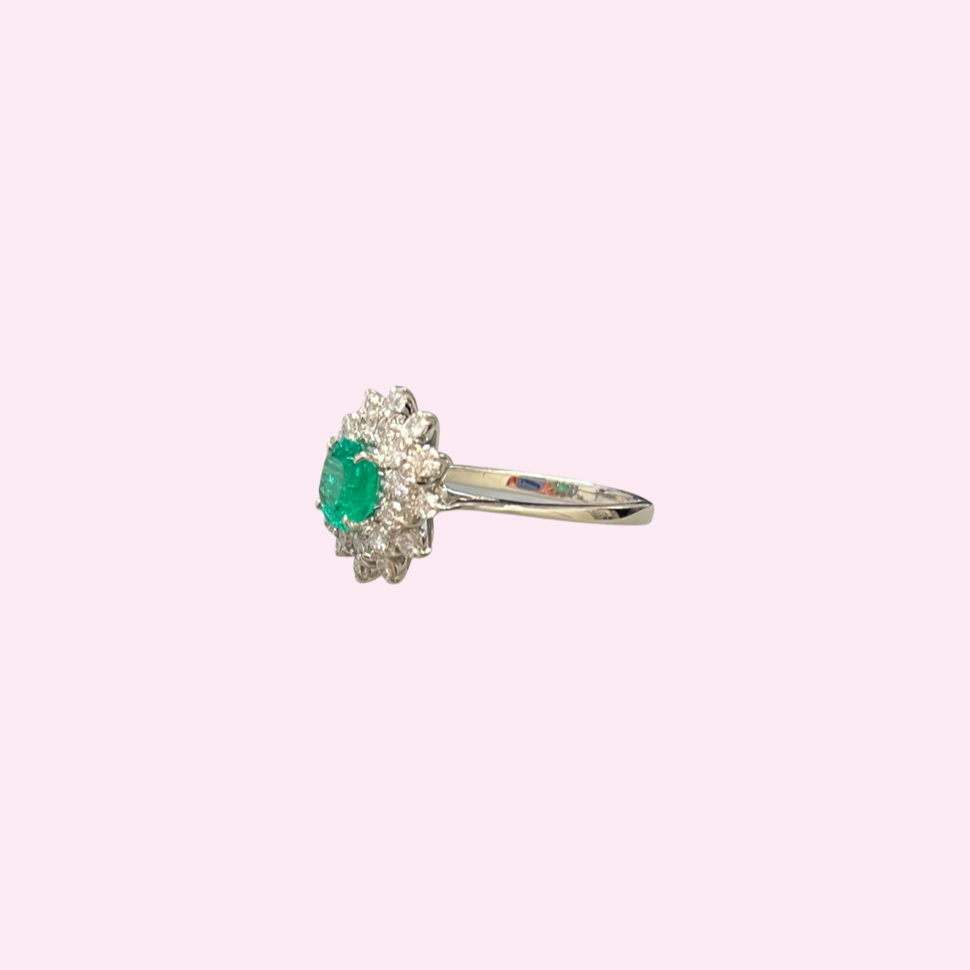 14K Yellow Gold Emerald and Diamond Halo Ring Size 9.5