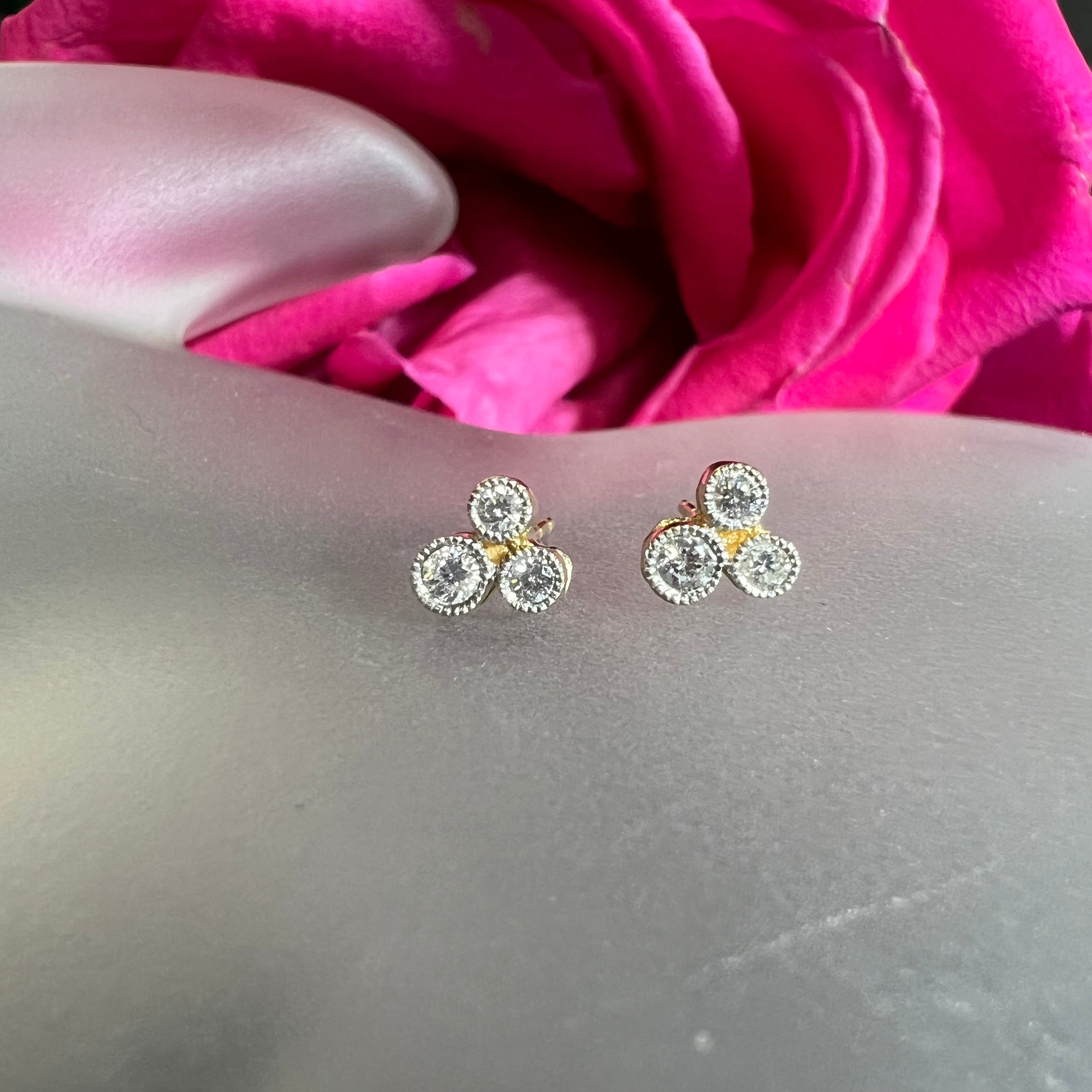 18k Yellow Gold 3 Stone Diamond Gold Earring Studs