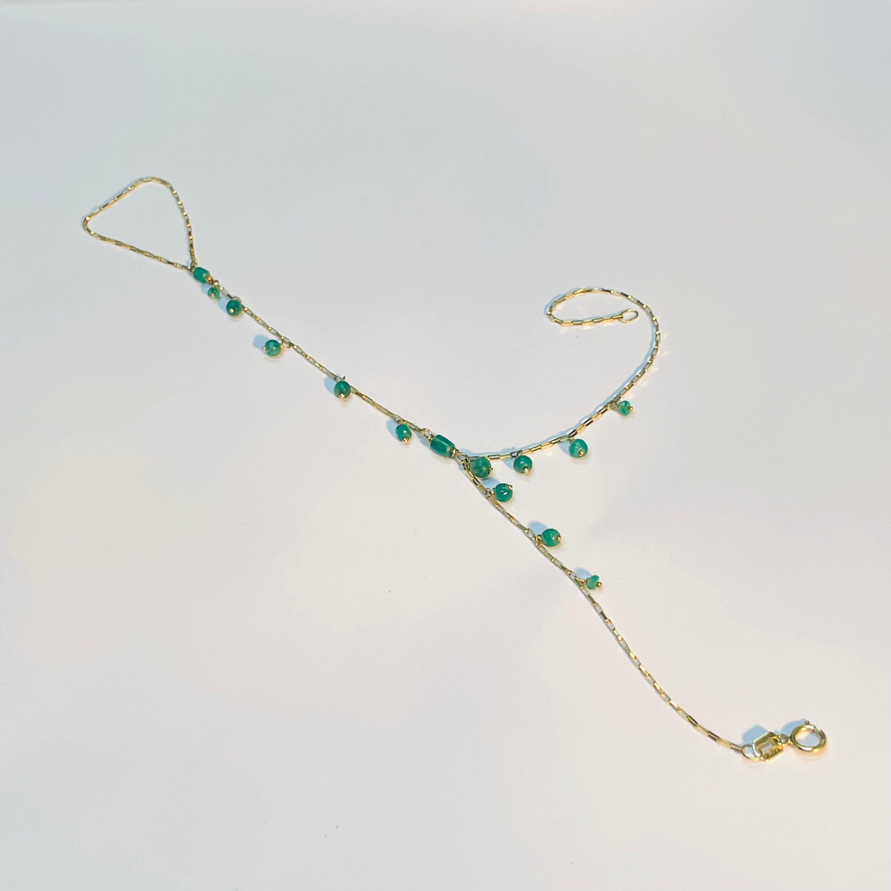 “The Monique” Colombian Emerald Dangle Handchain 14k Yellow Gold