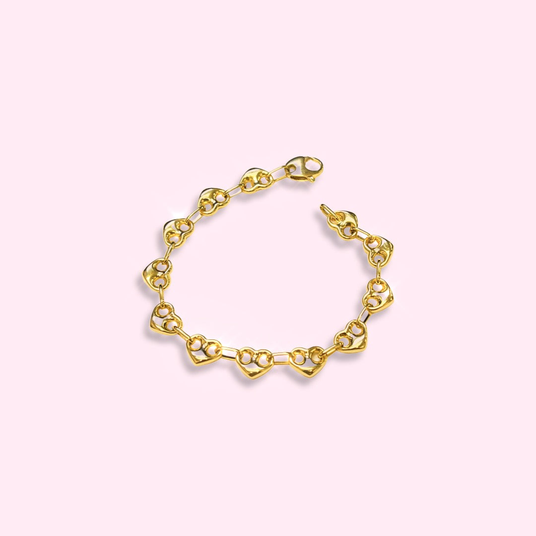 Solid 10K Yellow Gold Wide Heart Gucci Link Bracelet 8.25