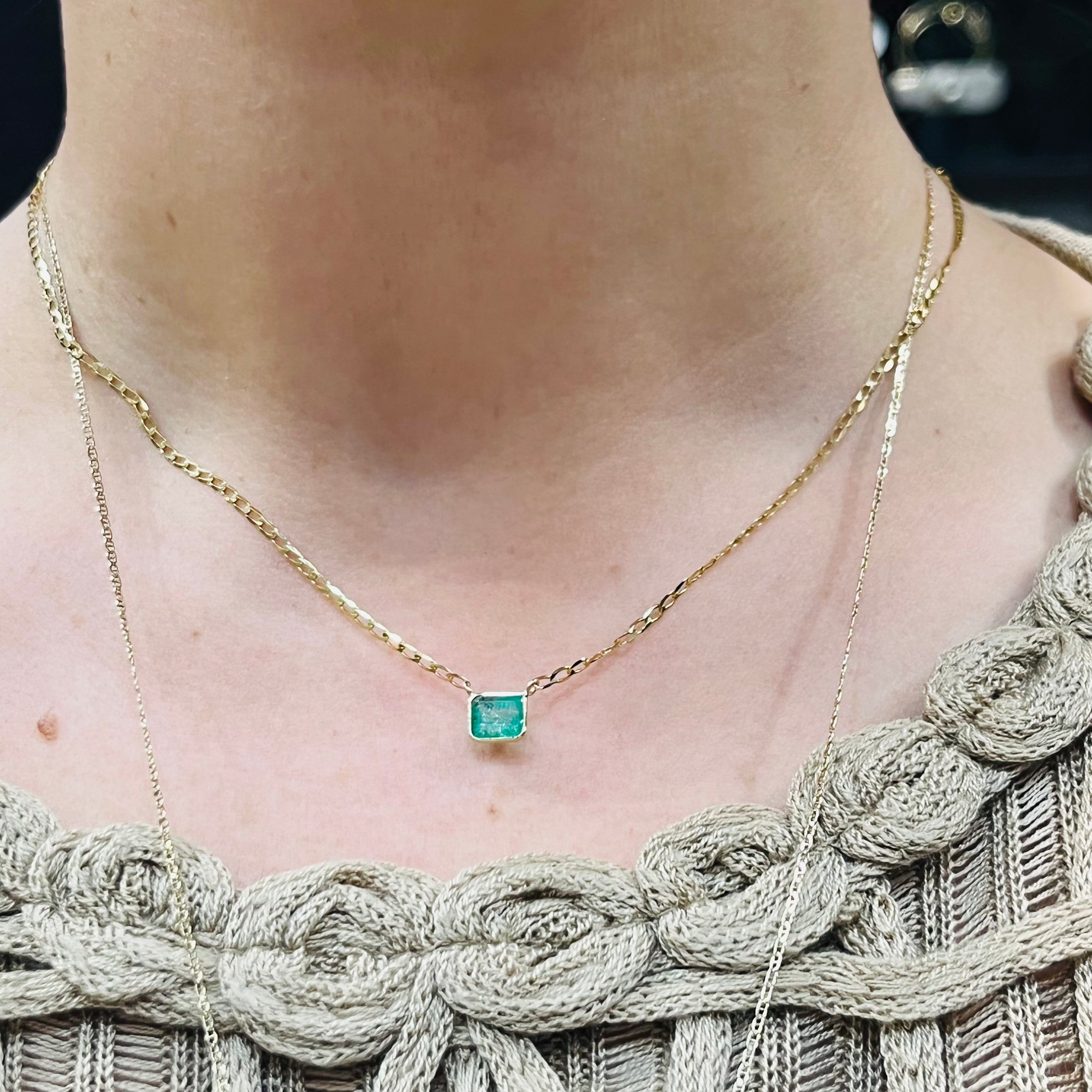 14K Yellow Gold Solitaire Natural Square Emerald Necklace, 16"