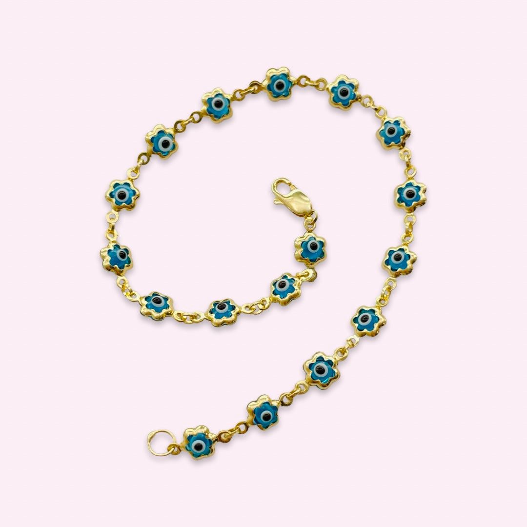 14K Yellow Gold Blue Teal Evil Eye Flower Chain Bracelet