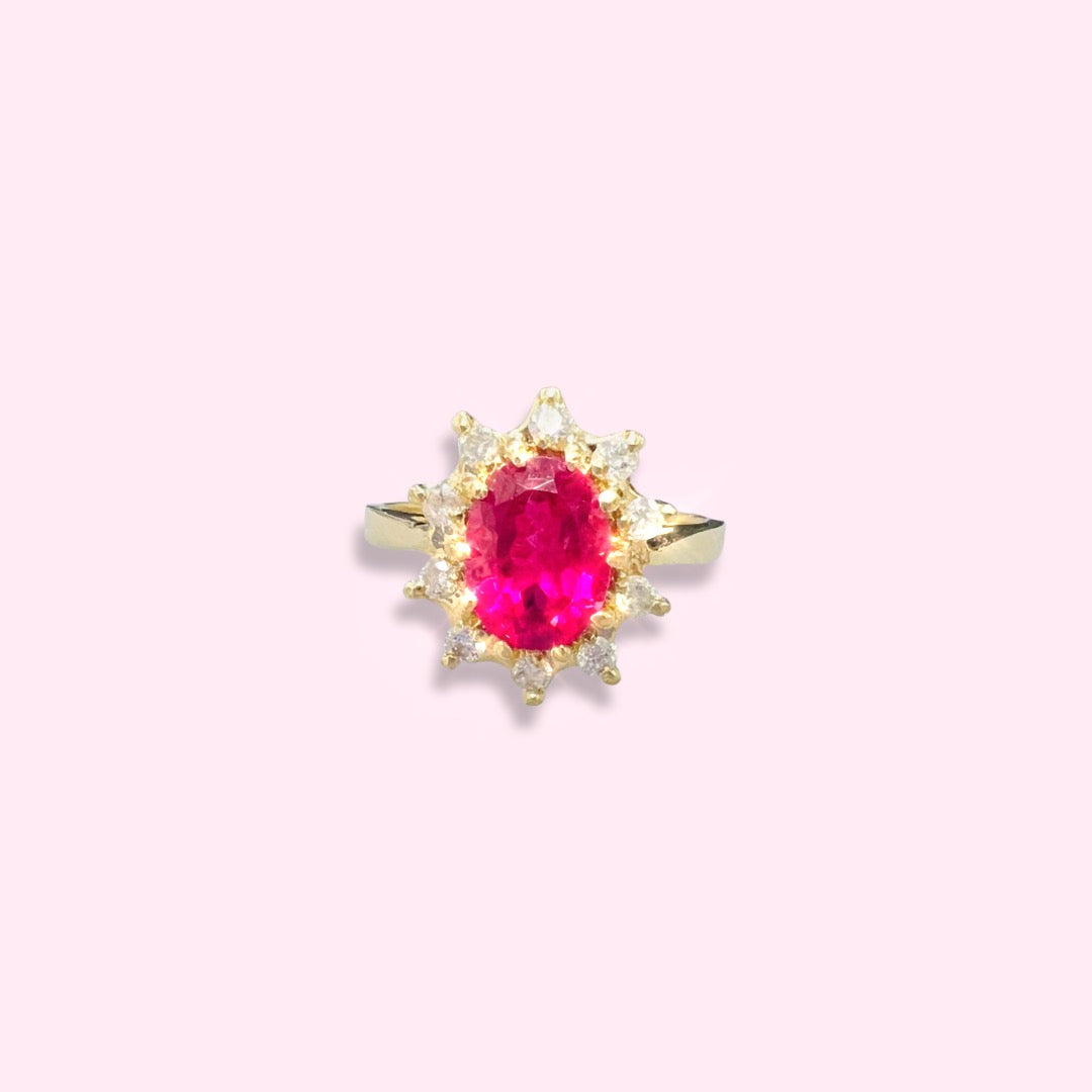 14K Yellow Gold Pink Tourmaline and Diamond Halo Ring Size 6