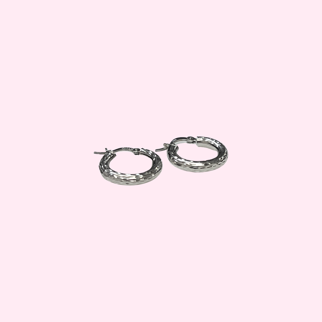 14K .65" 3mm White Gold Textured Hoop Earrings