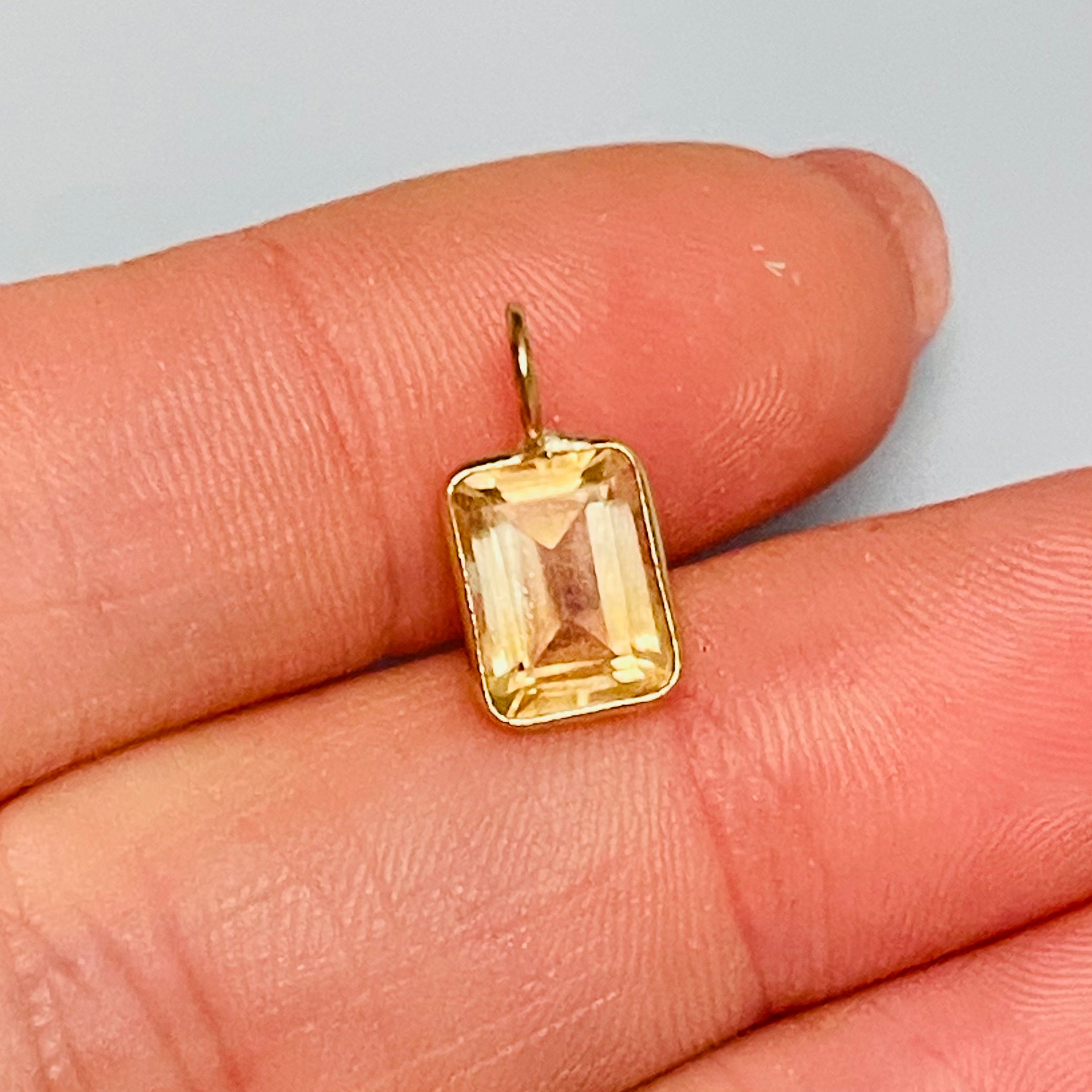 Natural Yellow Citrine Emerald Cut 14K Yellow Gold Pendant Charm 13x6.5mm