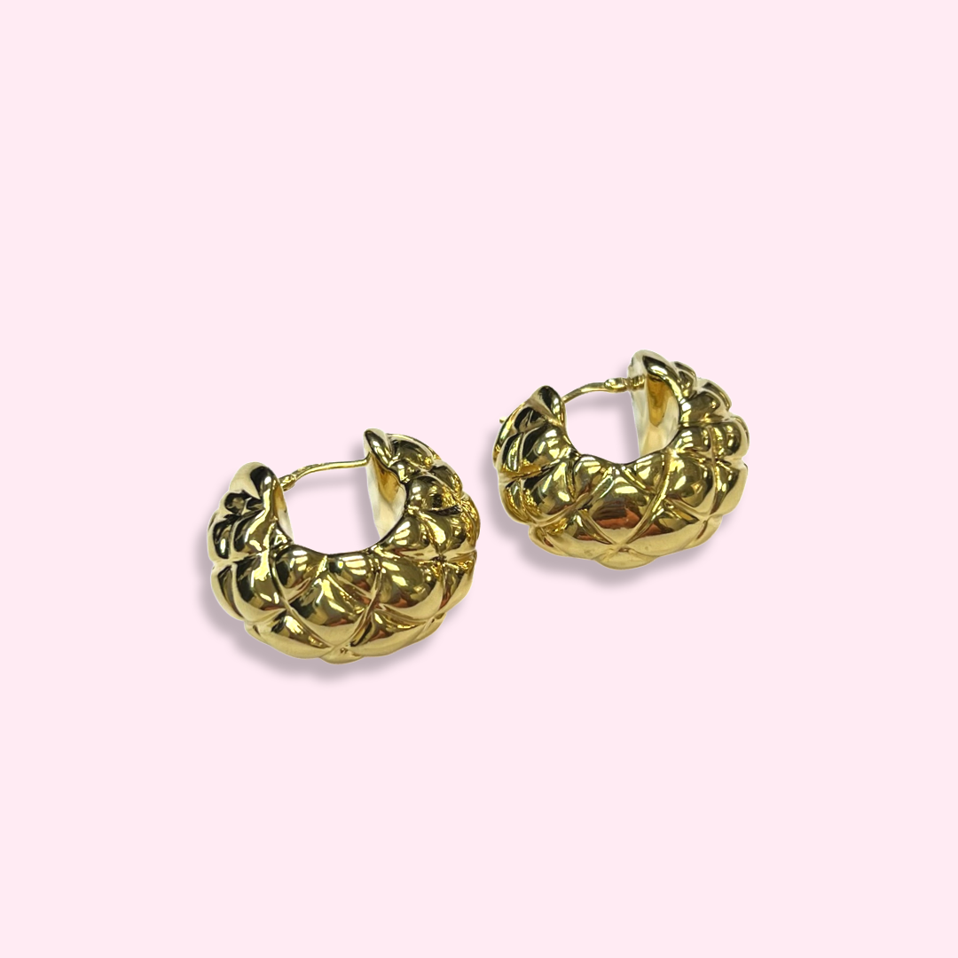 10K Yellow Gold 1-1/8" Quilted Hoop Earrings