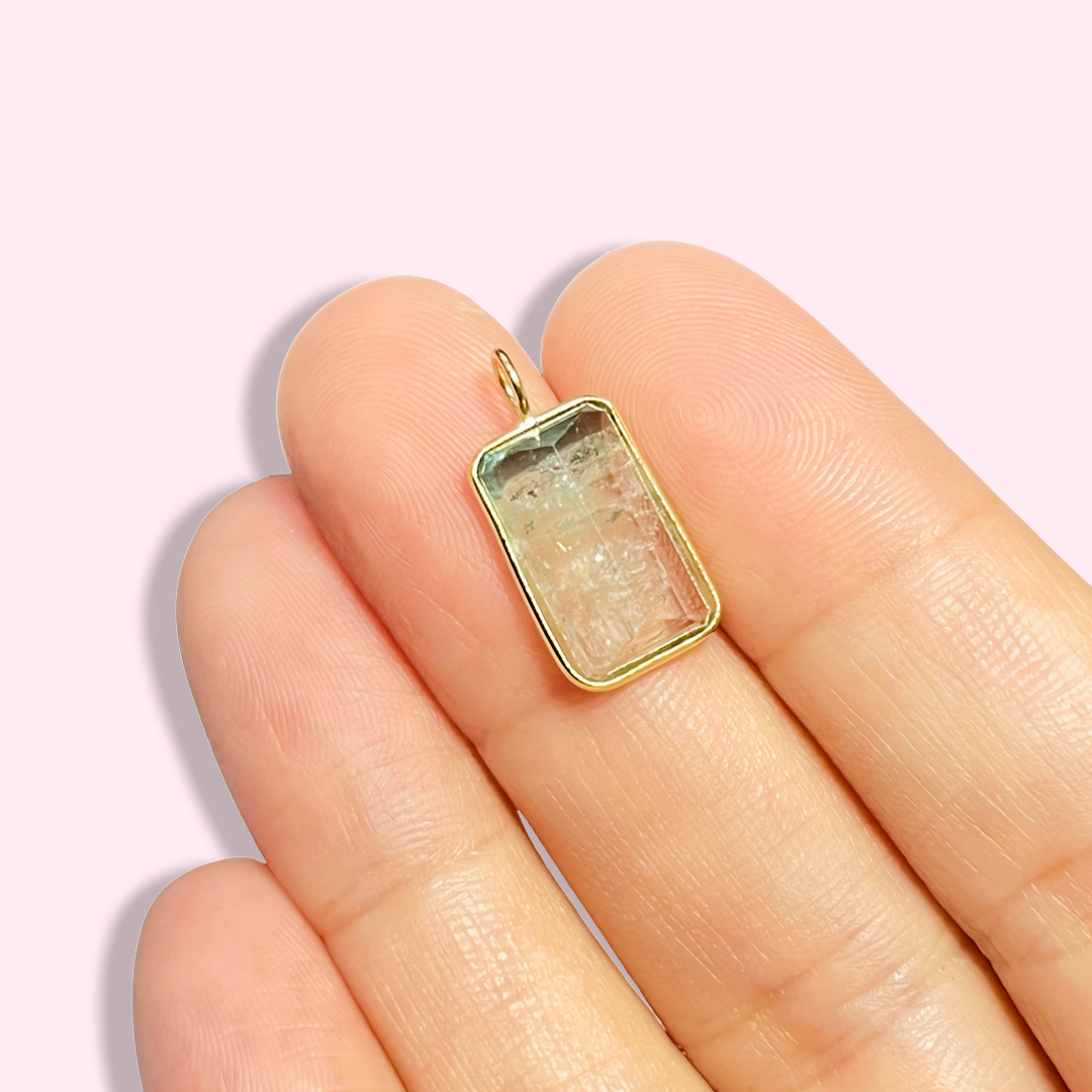 Blue and White Rectangular Tourmaline 14K Yellow Gold Pendant Charm 19x10mm