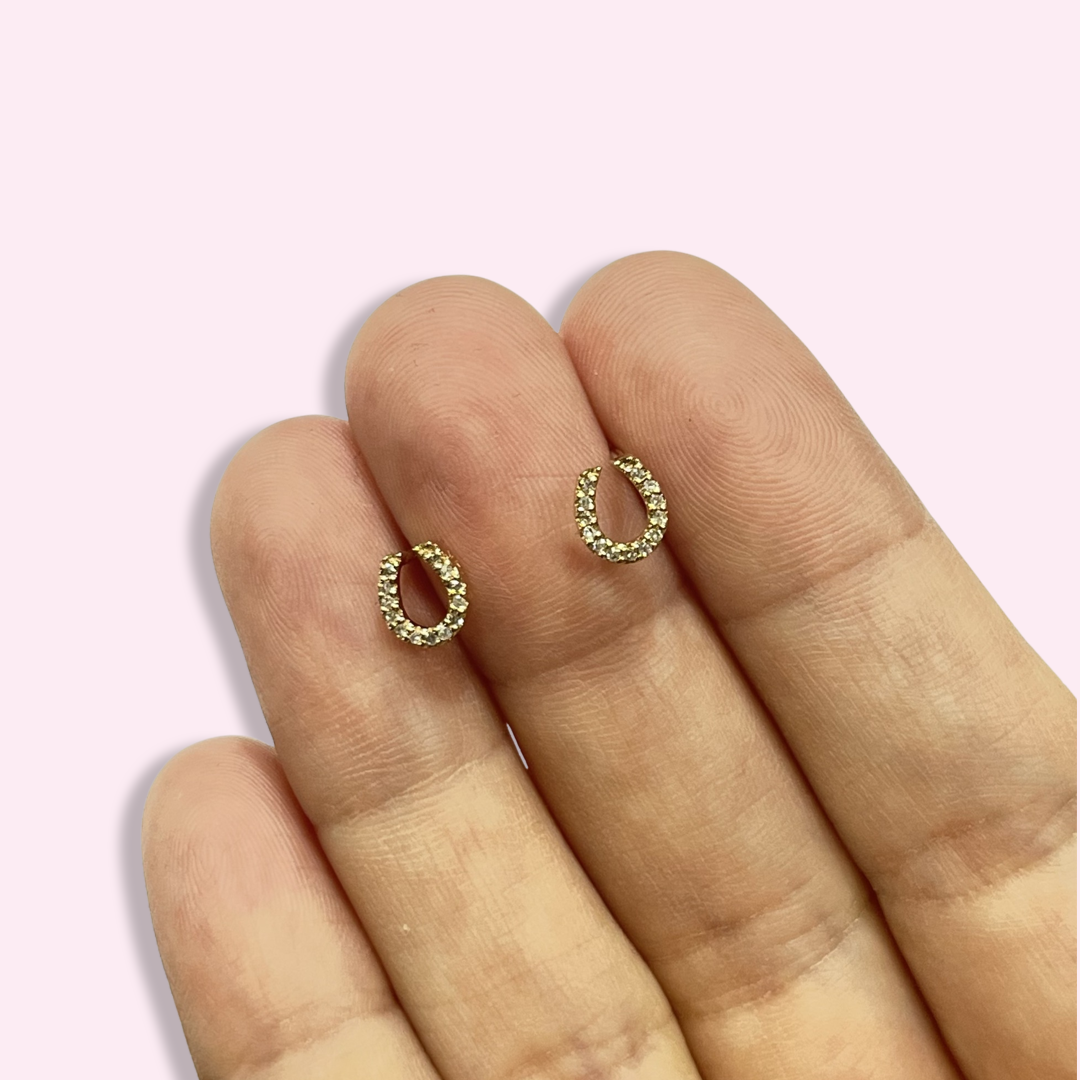 Horse Shoe Pave Diamond Stud Earrings 14K Yellow Gold