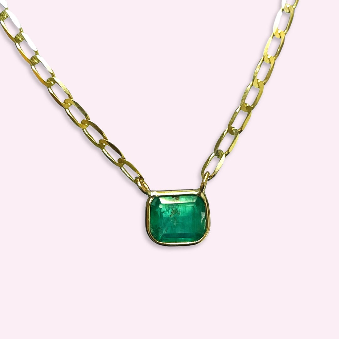 Solitaire Emerald 14K Yellow Gold Curb Chain Necklace