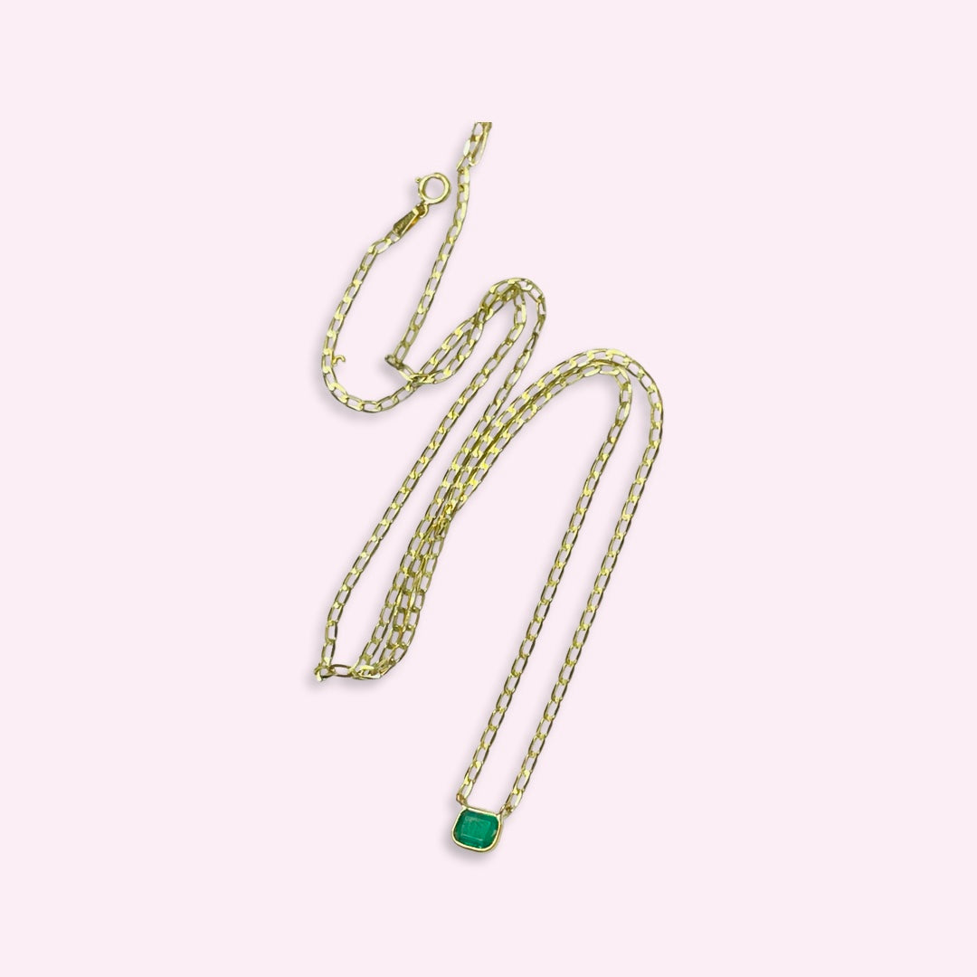 Solitaire Emerald 14K Yellow Gold Curb Chain Necklace