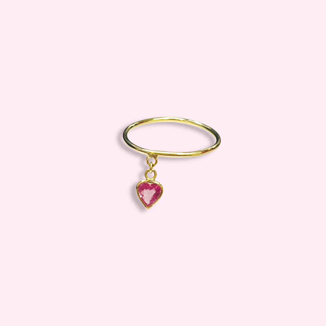 Dangling Pink Tourmaline Heart 14K Yellow Gold Band Ring