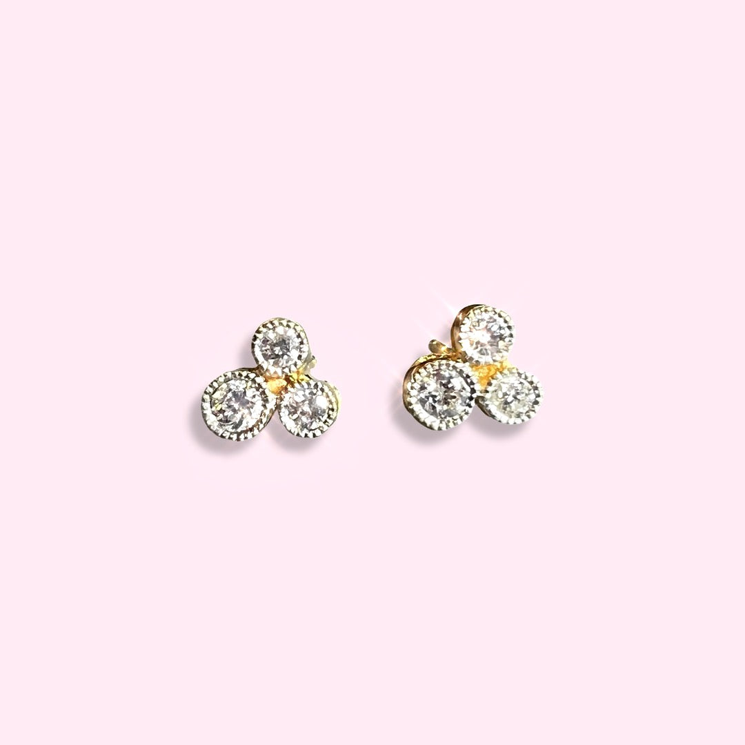 18k Yellow Gold 3 Stone Diamond Gold Earring Studs