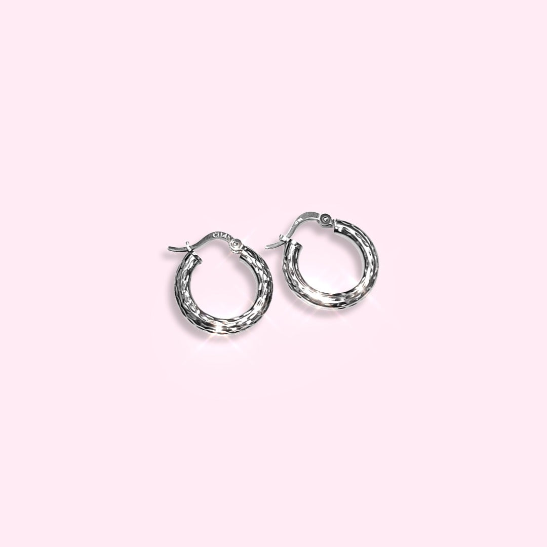 14K .65" 3mm White Gold Textured Hoop Earrings