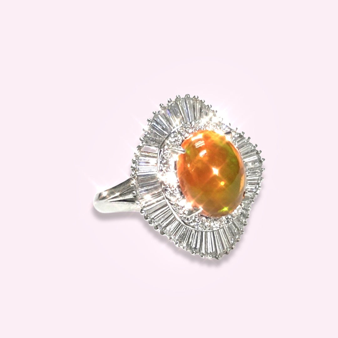 Solid Platinum Fire Opal with Baguette Halo Diamond Ring Size 7.5
