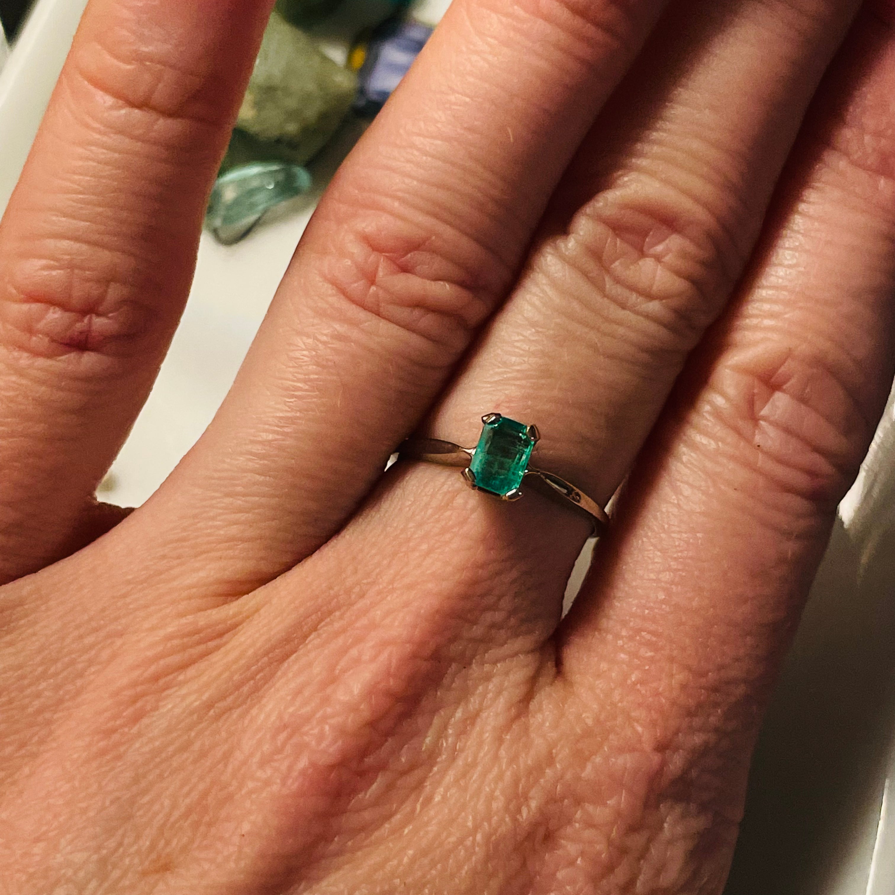 Solitaire Colombian Emerald 14K White Gold Ring Size 6