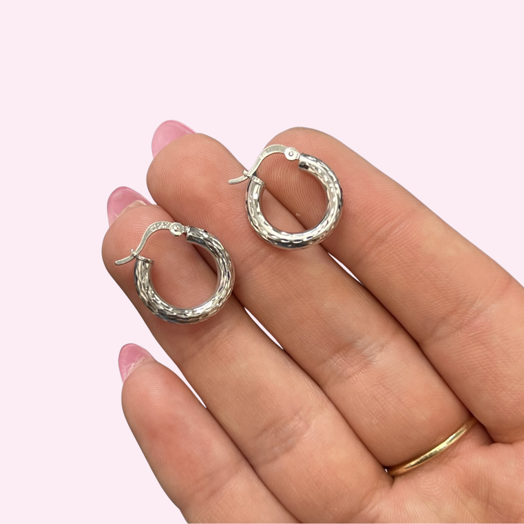 14K .65" 3mm White Gold Textured Hoop Earrings