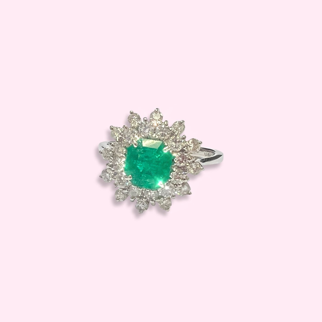 14K Yellow Gold Emerald and Diamond Halo Ring Size 9.5