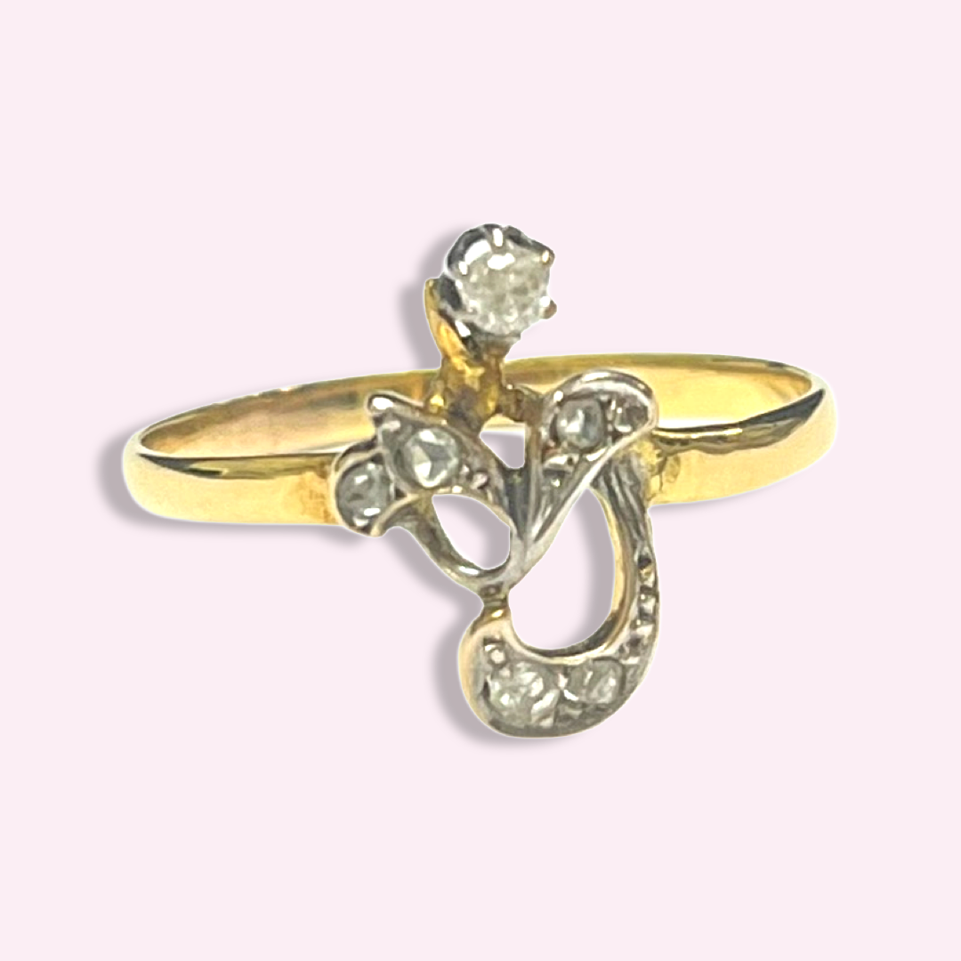 Antique Diamond Flower Accent Yellow Gold Ring Band Size 7.5