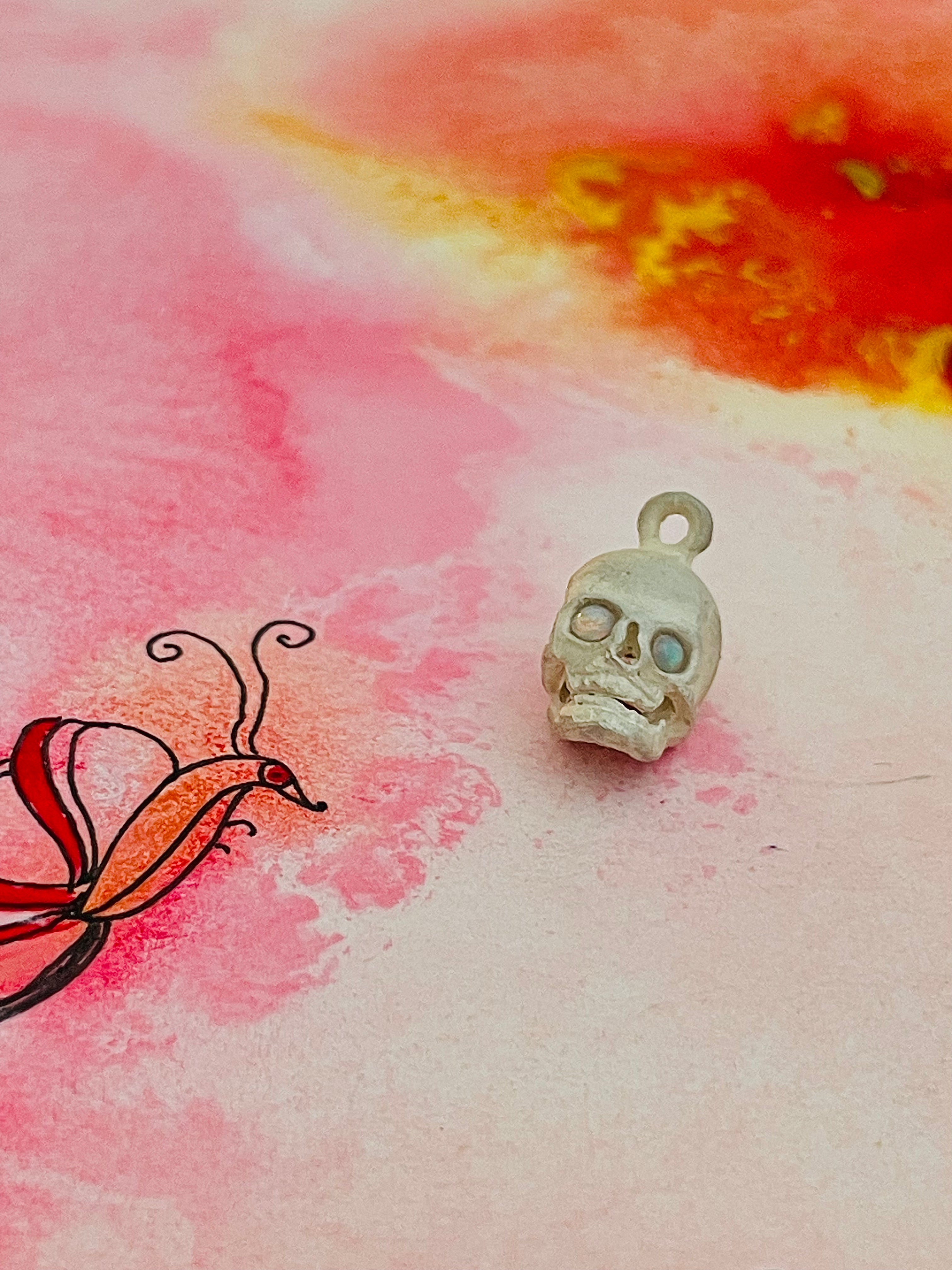 Raw Silver and Australian Opal Eyes Skull Charm Pendant