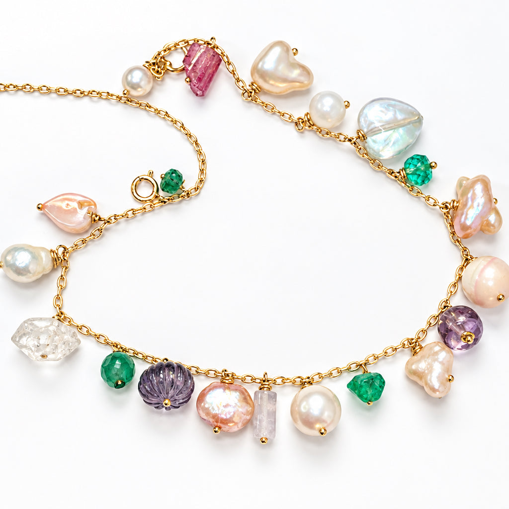 Fairy Garden Solid 14K Yellow Gold Multi Gem Pastel Charm Bracelet