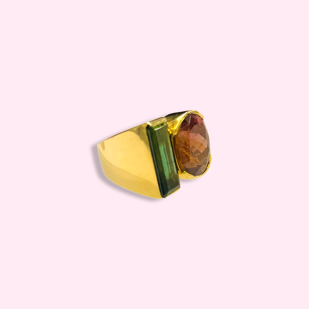 Amazing Large Green and Pink Tourmaline 14K Yellow Gold Ring 14K Yellow Gold Size 6